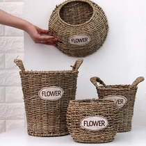 Pastoral straw wall hanging decorative rattan simulated dried flower basket set European creative handmade flower pot