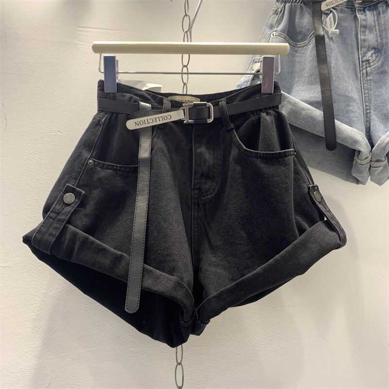 High-Waisted Rolled-Up Denim Shorts for Women, Summer 2025 New Korean Style, Slimming, Elegant, Leg-Lengthening Wide-Leg Hot Pants