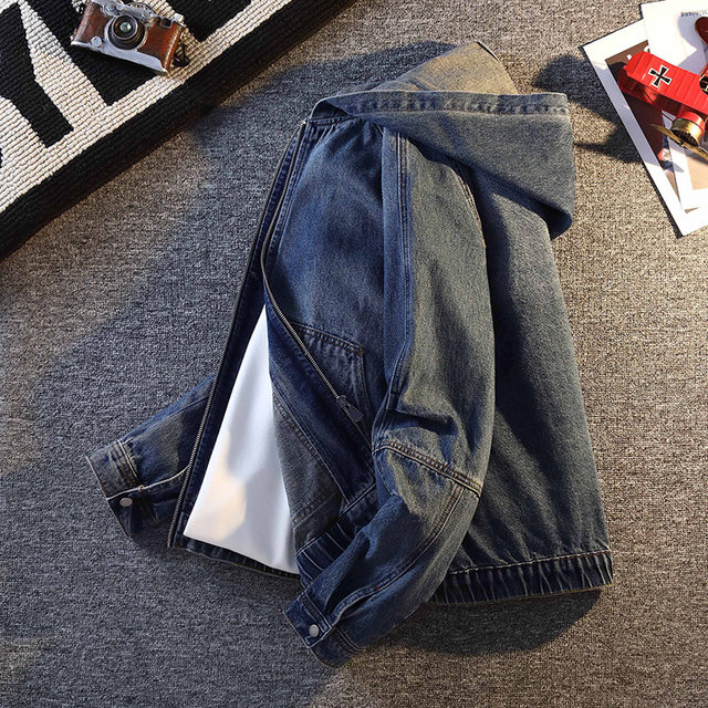Spring and Autumn Fashion Hooded Retro Zipper Denim Jacket for Men, Teenagers and Students, Loose, Handsome and Casual Jacket