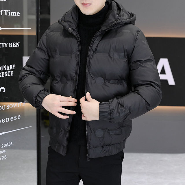 2025 Winter New Style Solid Color Hooded Short Simple Cotton Jacket for Men, Slim Fit, Thickened, Warm Cotton Coat for Young Men