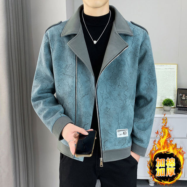 Autumn and winter lapel diagonal zipper short cotton thickened jacket men's youth slim warm outer coat