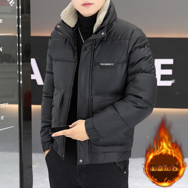 Winter stand collar lamb fur collar short leather cotton coat for men's youth slim fit thickened warm and handsome cotton coat