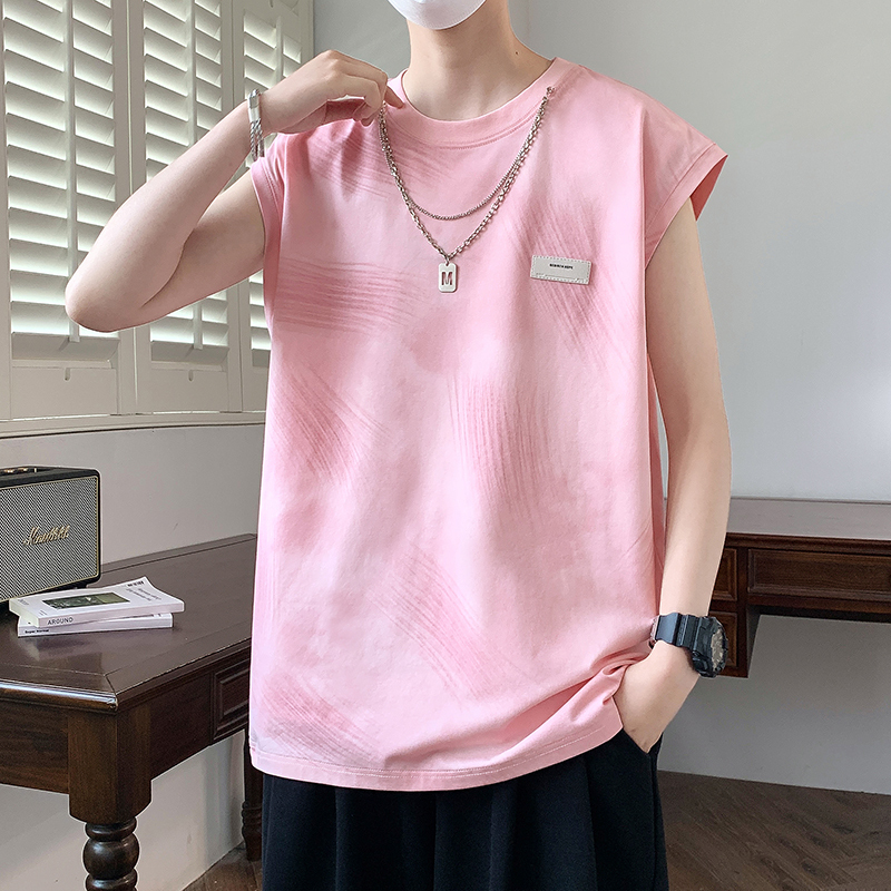 Summer Round-Neck Pink Vest with Necklace for Men, Teenagers, and Students, Loose Thin Sleeveless T-Shirt Top