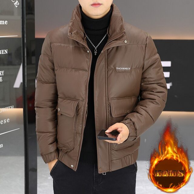 Winter stand collar lamb fur collar short leather cotton coat for men's youth slim fit thickened warm and handsome cotton coat