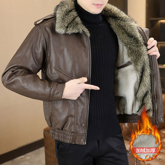 Winter new style lapel high-end large fur collar plus velvet thickened leather jacket jacket for men's youth warm mountain sculpture
