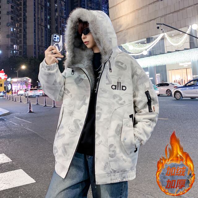 Winter New Hooded Red New Year Fleece-Lined Thickened Jacket for Men, Young Students, Parka Style