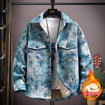 Autumn and Winter Lapel Woven Trendy Brand Fleece-Lined Thickened Shirt Jacket for Young Men, Loose, Warm, and Stylish
