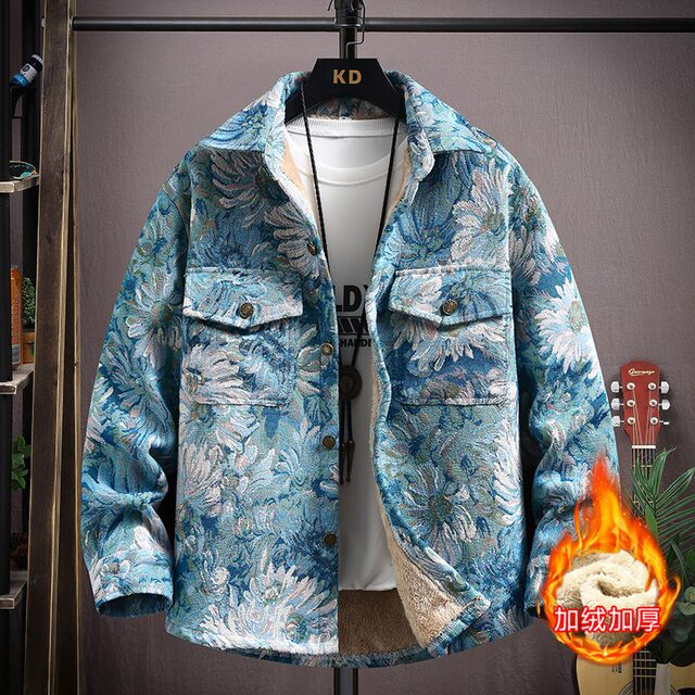 Autumn and Winter Lapel Woven Trendy Brand Fleece-Lined Thickened Shirt Jacket for Young Men, Loose, Warm, and Stylish