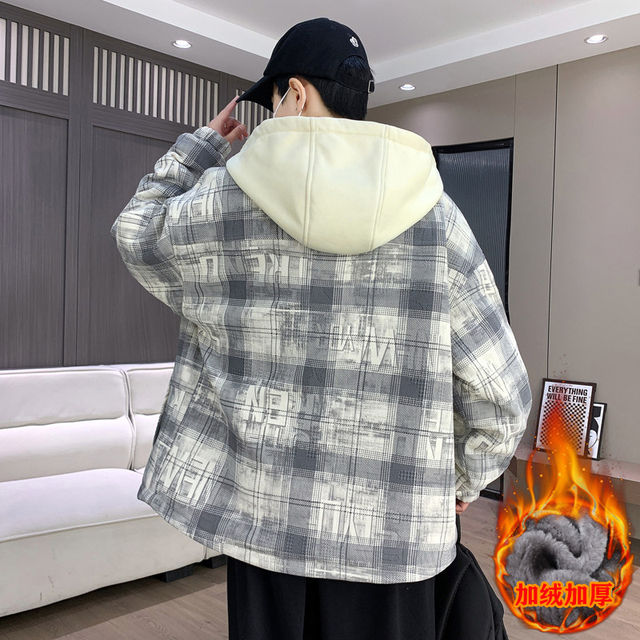 Winter New Hooded Plaid Fleece-Lined Thickened Jacket for Men, Teenagers, and Middle School Students, Warm and Stylish Parka