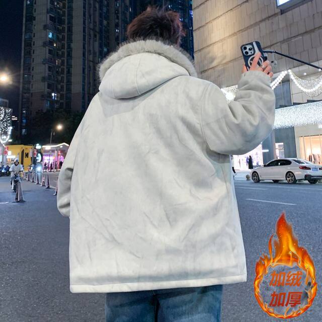 New winter hooded plus velvet thickened suede mountain carving cotton coat jacket for male teenagers and students warm jacket