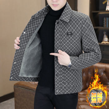 2025 Winter New Plaid Lapel Fleece-Lined Thickened Woolen Coat for Men, Slim Fit and Warm Overcoat for Young and Middle-Aged Men
