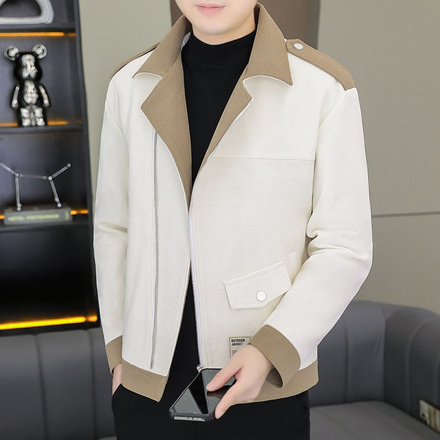 2025 Autumn New Style Lapel Color-Block Diagonal Zipper Waffle Jacket Men's Youth Slim Fit Versatile Coat