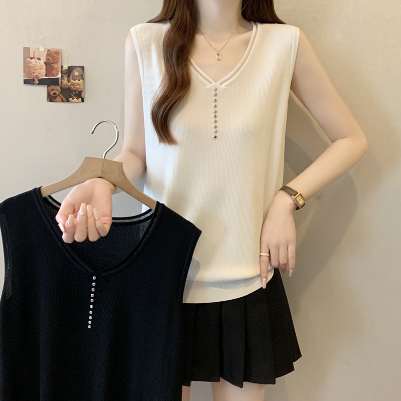 Plus Size Women's V-Neck Studded Sleeveless Vest for Summer, Slimming and Covering, Ice Silk Knitted Base Top