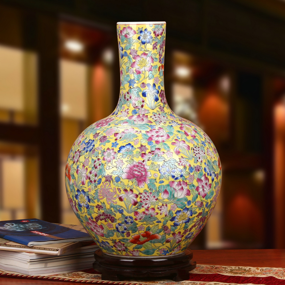 Jingdezhen ceramics fine powder enamel enamel in yellow flower celestial sphere of large vases, ten big porcelain factory factory goods