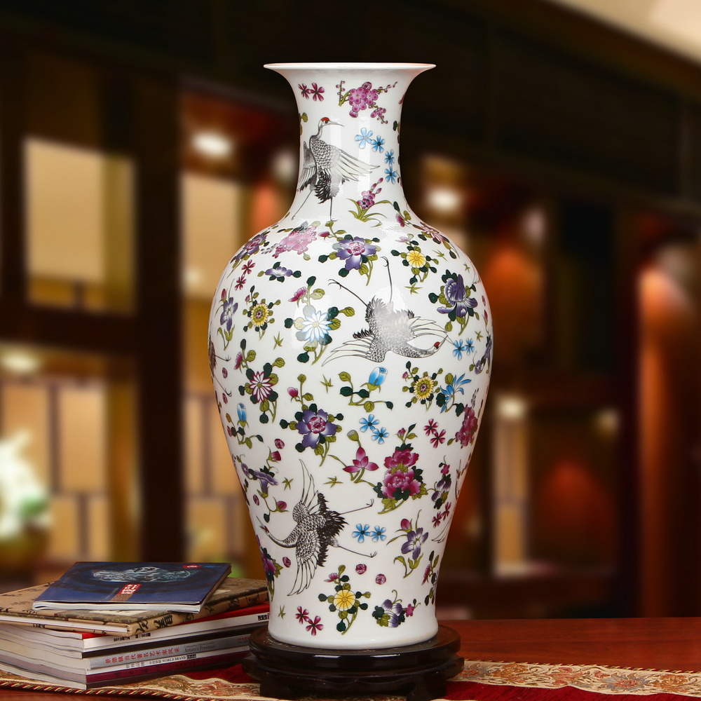 Jingdezhen ceramics powder enamel noctilucent pine crane, guanyin of large vases, modern Chinese style household crafts