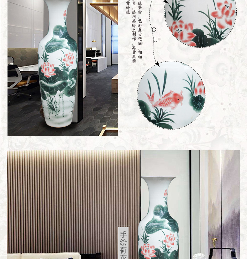 Jingdezhen ceramics Chinese rural style lotus fish living room decoration to the hotel lobby for the opening of large vase