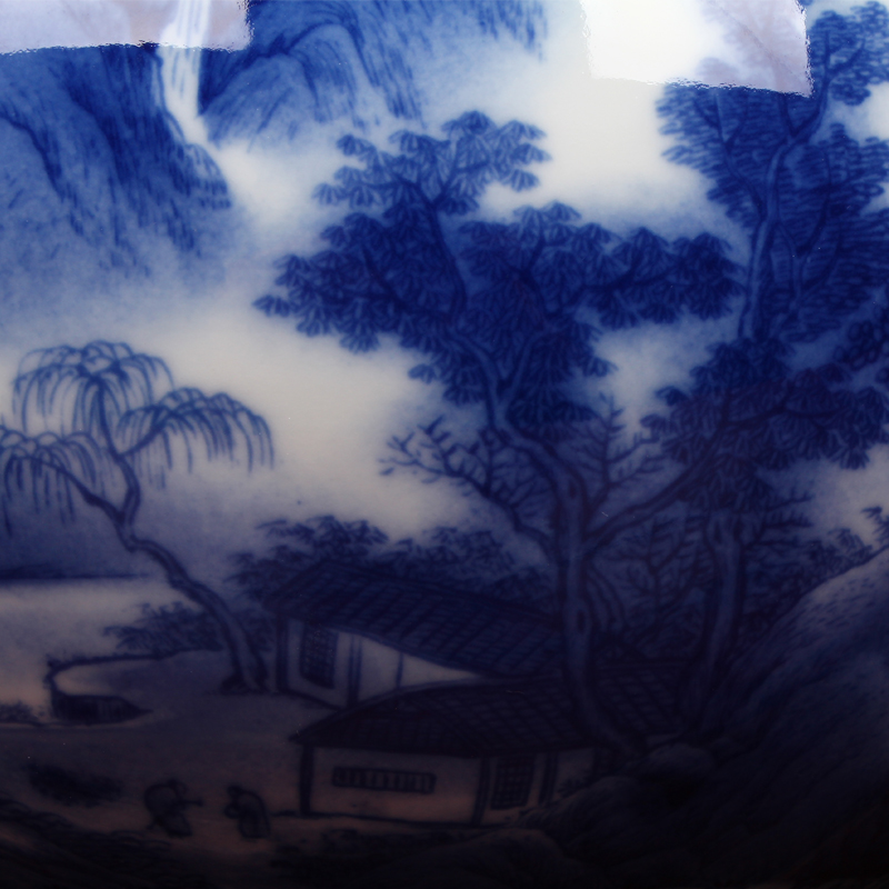 Jingdezhen ceramic vase hand - made landscape big fish tank Chinese style living room home decoration collection of blue and white porcelain