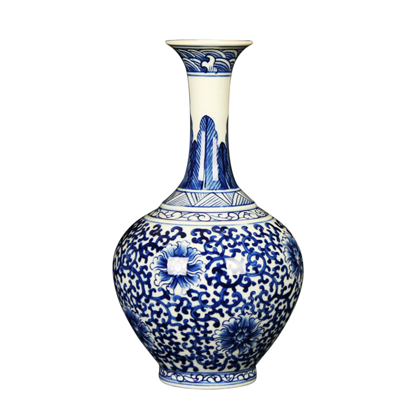 Hand - made trumpet bound branch lotus flower vase of blue and white porcelain of jingdezhen ceramics decoration handicraft collection furnishing articles
