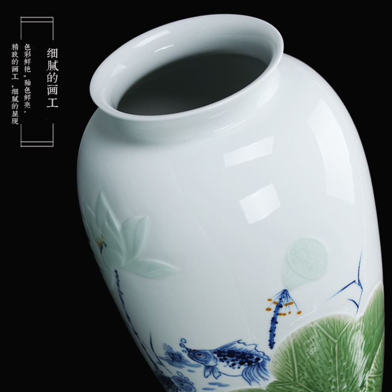 LuYiGang hand - made porcelain of jingdezhen ceramics engraving lotus goldfish vase collection crafts are set