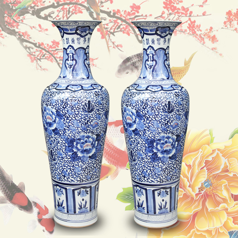 Jingdezhen blue and white peony flowers prosperous large hand - made ceramics vase lobby sitting room adornment is placed
