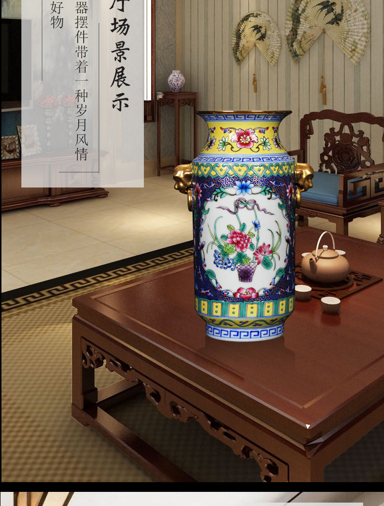 Jingdezhen ceramics colored enamel double head gold blue flower vase household altar collection handicraft furnishing articles