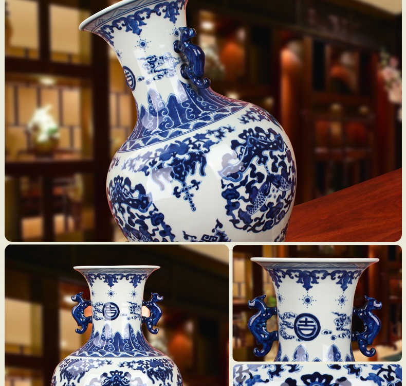 High - grade hand - made of blue and white porcelain of jingdezhen ceramics binaural head sweet garlic Chinese style household vase and furnishing articles