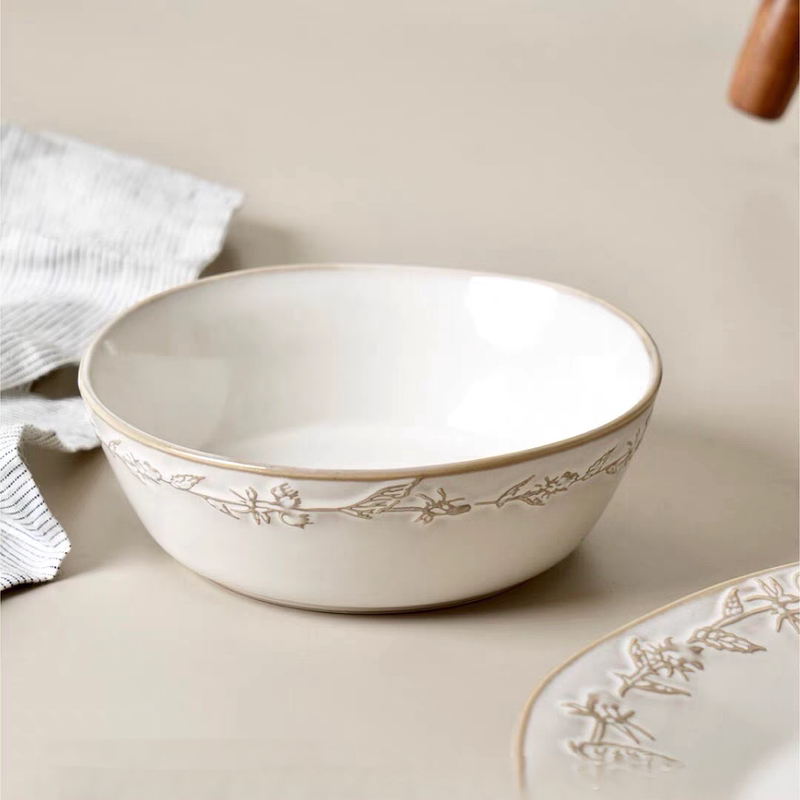 American-Style Vintage Embossed Ceramic Bowls and Plates for Hotels, Guesthouses, and Restaurants with High-Temperature Underglaze Color @4-2@