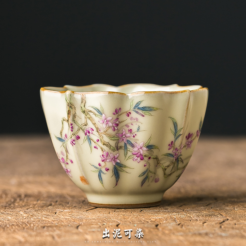 Out Clay-dyed pure handmade Ru Secret Glazed Sunflower cup Jingdezhen Pink Flower Master's Cup Gongfu Tea Cup Single Cup