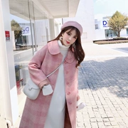 Mùa thu và mùa đông cashmere áo khoác len màu hồng nữ dài kẻ sọc hai mặt trên đầu gối len len