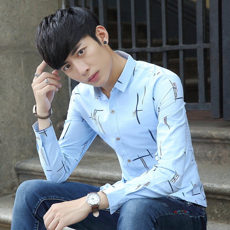 Gfg Men's Short-Sleeve Shirts, Men's Printed Long-Sleeve Shirts, Korean Style Slim-Fit Shirts for Young Men, Non-Iron
