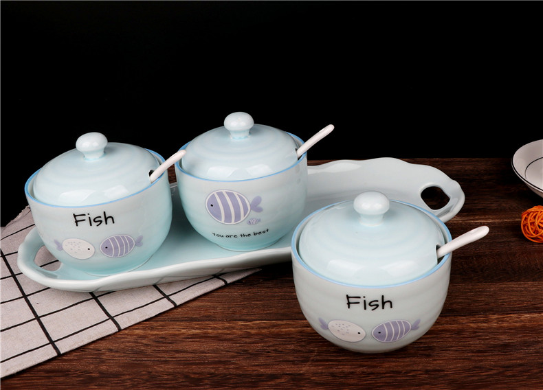 Happy home thread flavor pot three - piece sauce seasoning cylinder color ceramic pot seasoning box with a spoon with tray