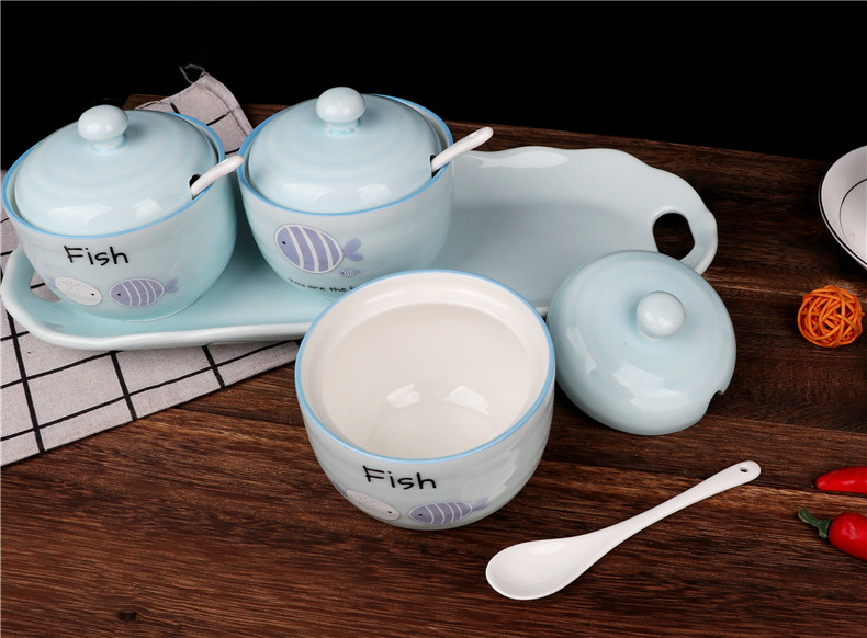 Happy home thread flavor pot three - piece sauce seasoning cylinder color ceramic pot seasoning box with a spoon with tray
