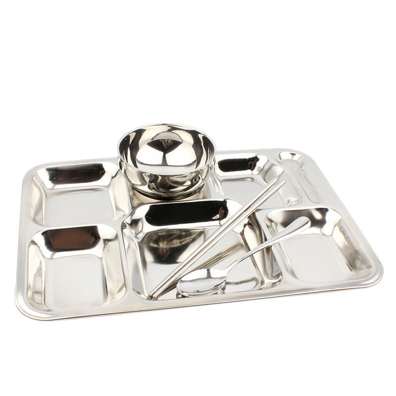 Extra-thick pure stainless steel meal plate meal plate new 6 grid 7 grid grid plate canteen school lunch box tray lunch box food plate