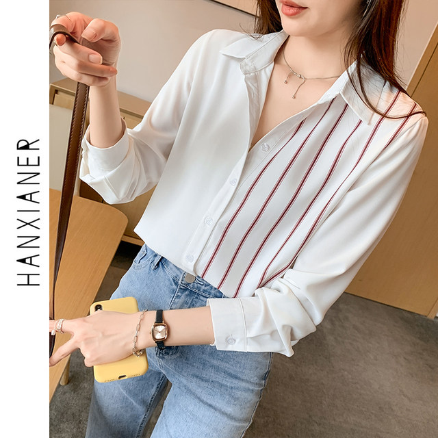 Striped shirt women's 2022 autumn new Korean version of the professional casual design sense niche cover the belly and show thin long-sleeved shirt