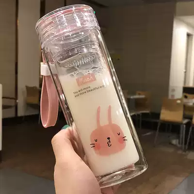 Korean double glass glass hipster with rope portable drinking cup filter tea lemon Cup leak-proof creative