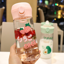 Plastic Cup with rope in summer portable drinking cup spring cover simple cute girl heart water Cup student hand Cup