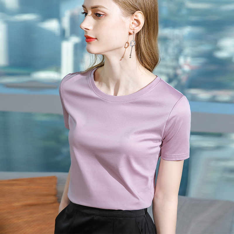 Mercerized Cotton Short-Sleeved T-Shirt for Women, Summer 2026 New Style, Solid Color, Regular Shoulder, Round Neck, Slim Fit, Purple, High-Quality Top Mercerized Cotton Short-Sleeved T-Shirt for Women, Summer 2026 New Style, Solid Color, Regular Shoulder, Round Neck, Slim Fit, Purple, High-Quality Top