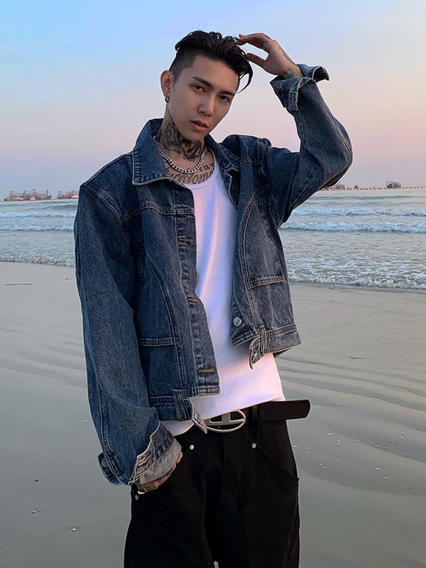 Trendy High-Waisted Short Denim Jacket for Men, Casual Denim Jacket, American Retro Denim Clothing, Cool and Trendy Outerwear