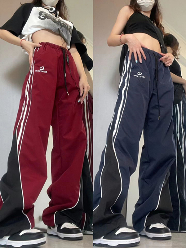 American Retro Style Patchwork Color-Blocking Casual Sports Pants for Men and Women, Summer Wide-Leg Loose Quick-Dry Trendy Striped Pants