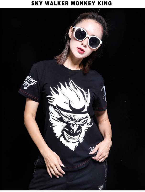 Monkey King Tide thương hiệu giản dị đường phố châu Âu và Mỹ tay ngắn tập thể dục kéo dài thể thao ngoài trời áo thun nam và nữ - Áo phông thể thao