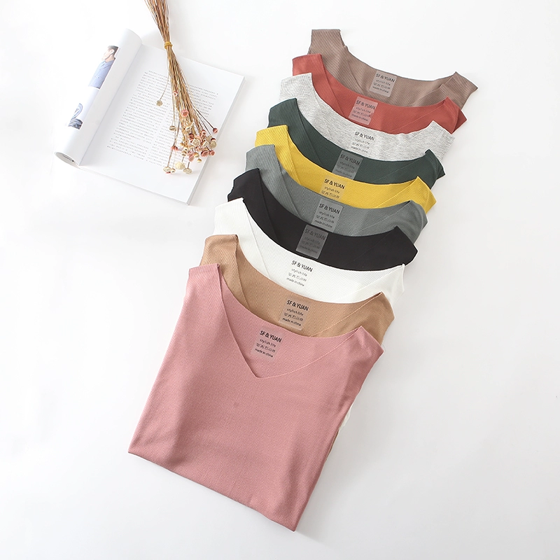 Cotton modal yếm nữ 17 mùa xuân và mùa hè tự canh kéo dài đoạn ngắn chạm đáy áo V-cổ không có dấu vết cỡ lớn