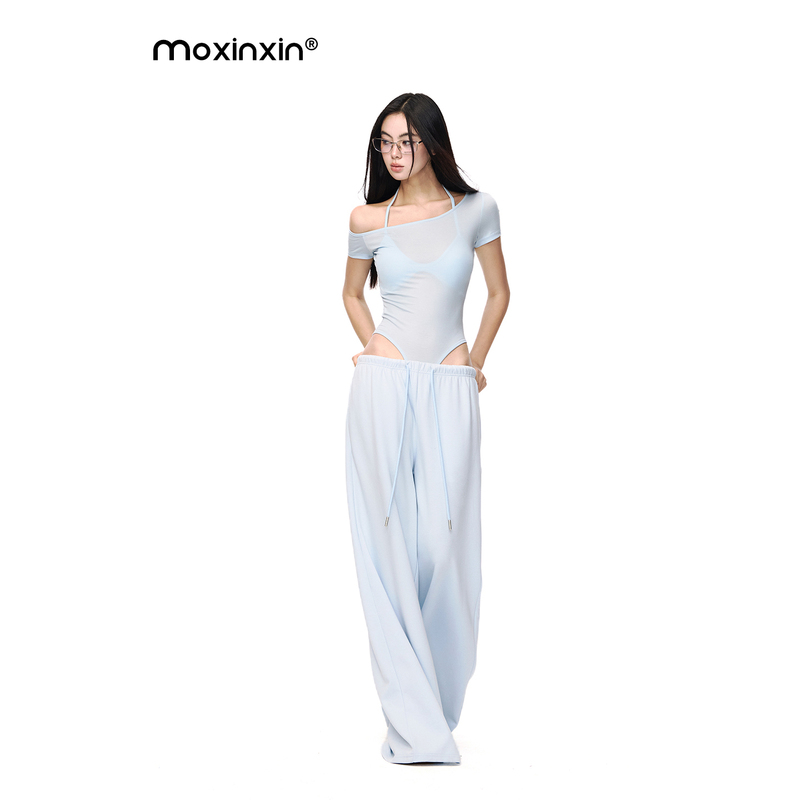 Moxinxin American-Style Blue Wide-Leg Pants for Women, Loose Straight-Leg Sweatpants, Casual Sports Pants, Floor-Length Pants
