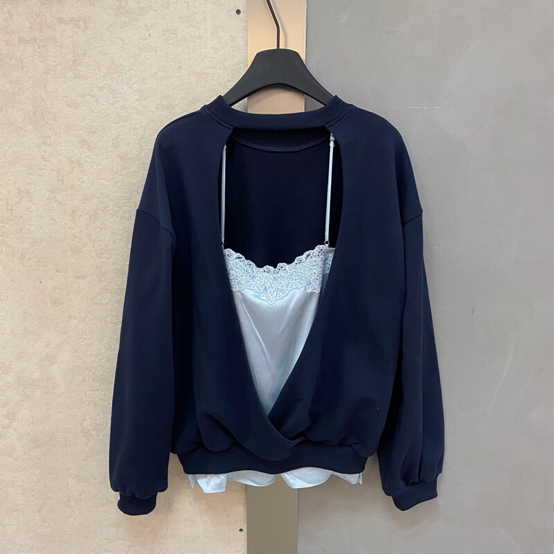 Trendy and Stylish Backless Lace Satin Camisole Layered Sweatshirt for Women, Loose Fit, Faux Two-Piece, Round Neck Top Trendy and Stylish Backless Lace Satin Camisole Layered Sweatshirt for Women, Loose Fit, Faux Two-Piece, Round Neck Top