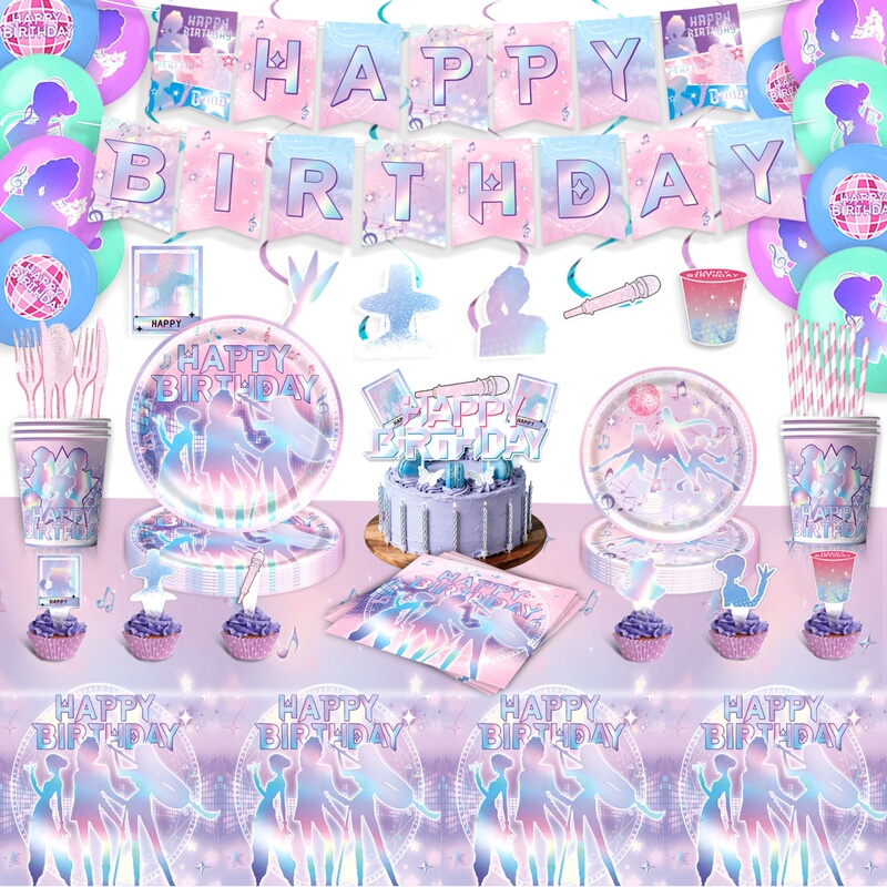 Kpop Laser Hunt Girl Group Birthday Party Supplies Tableware Set Paper Plates Tablecloth Flag Cake Topper Decoration