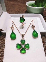 925 silver inlaid green chalcedony four leaf clover jade pendant earrings women elegant temperament three-piece set