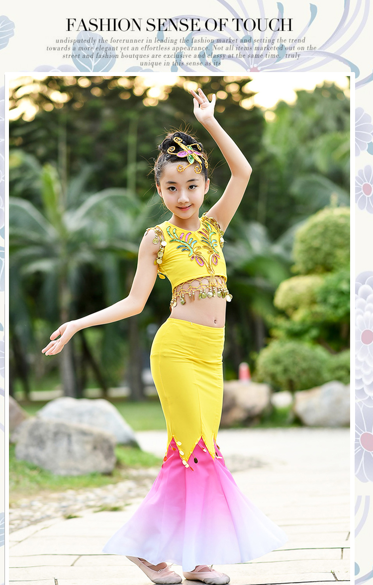 Mới cho trẻ em Áo dài váy đuôi cá kéo dài váy con công biểu diễn trang phục múa cho trẻ em trang phục dân dộc các nước trẻ em