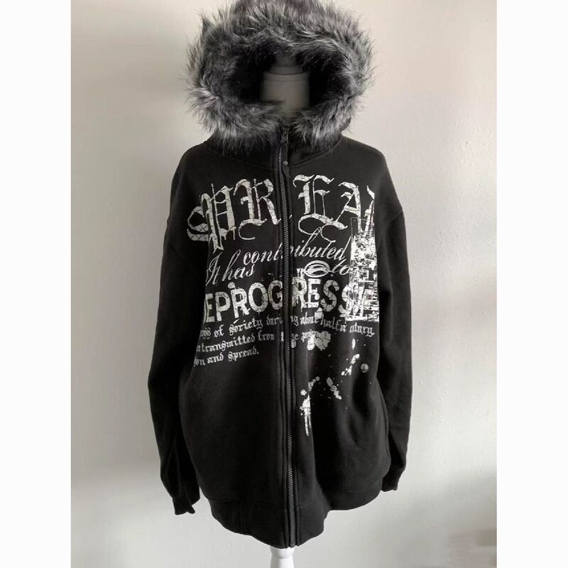 American Retro Black Furry Hooded Top with Letters, Autumn and Winter Fleece-Lined Zipper Y2K Cardigan Sweatshirt with Fur Collar