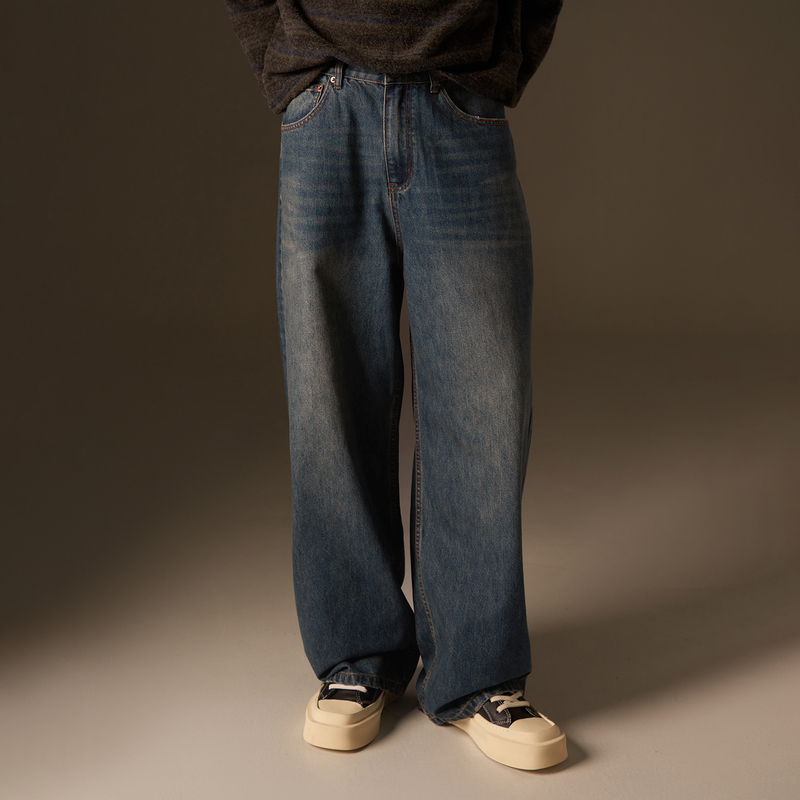 【American Style Denim】Hewas Street Style Straight Vintage Jeans Washed Draped Pure Cotton Jeans for Men and Women