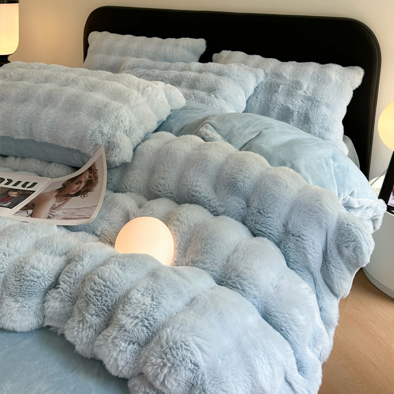 Winter Rabbit Fur Four-Piece Set Coral Fleece Winter Warm Milk Velvet Duvet Cover Flannel Bed Sheet Bedding