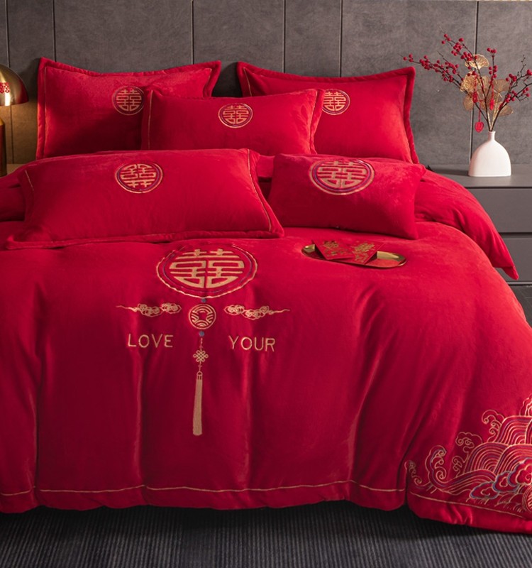 Wedding Milk Velvet Four-Piece Set, Winter Newlywed Celebration Quilt, Red Dowry, Coral Velvet Bed Sheet, Duvet Cover, Bedding